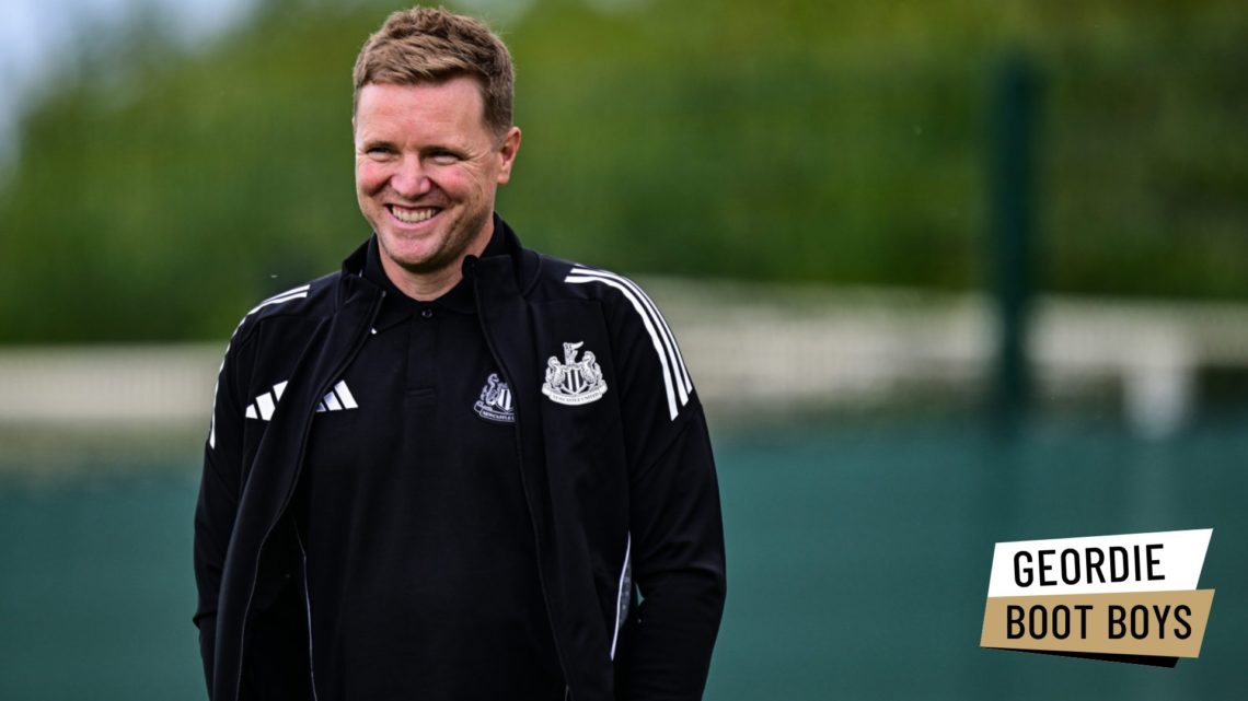 Eddie Howe is pictured smiling during a Newcastle United training session.
