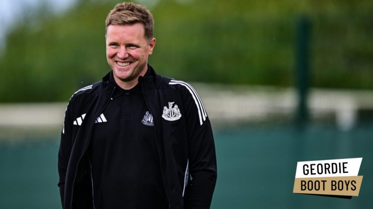 Eddie Howe is pictured smiling during a Newcastle United training session.