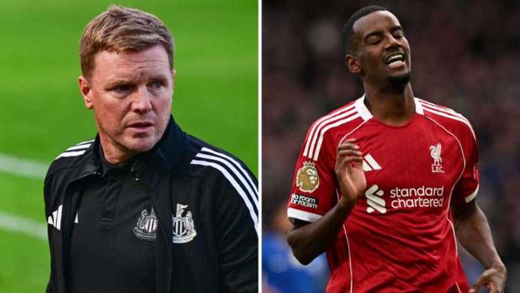Eddie Howe looks on managing Newcastle United. Alexander Isak looks frustrated while playing for Liverpool.
