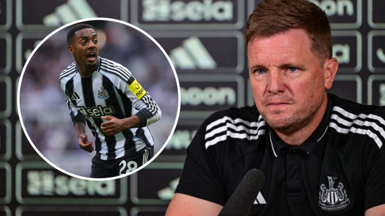 Joe Willock shouts during Newcastle United's Premier League match against Wolves. Eddie Howe speaking at a press conference.