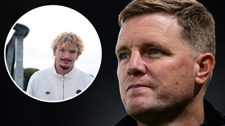 Eddie Howe looks on during Newcastle United vs Union Saint-Gilloise. Nick Woltemade boarding a plane in a Newcastle United tracksuit.