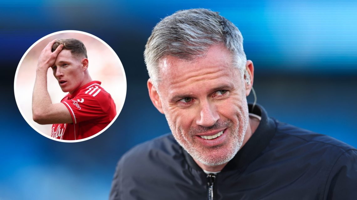 Pundit Jamie Carragher looks on. Inset, Nottingham Forest midfielder Elliot Anderson