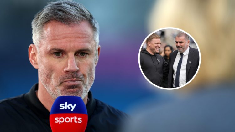 Jamie Carragher doing punditry for Sky Sports, Eddie Howe and Ange Postecoglou exchange words before Newcastle United vs Spurs.