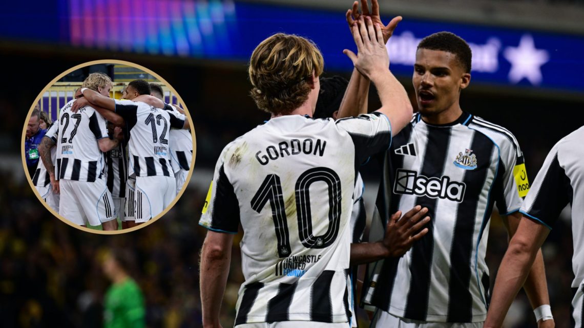 Malick Thiaw celebrates with Anthony Gordon, Newcastle United players celebrate their first goal against Union Saint-Gilloise.