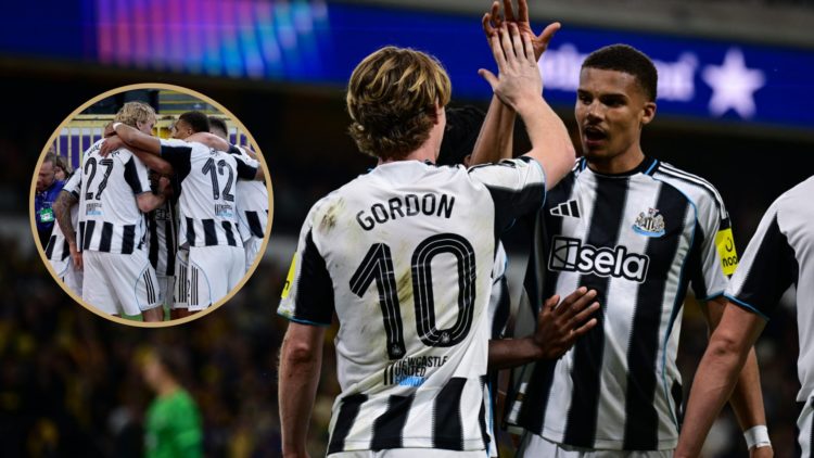 Malick Thiaw celebrates with Anthony Gordon, Newcastle United players celebrate their first goal against Union Saint-Gilloise.
