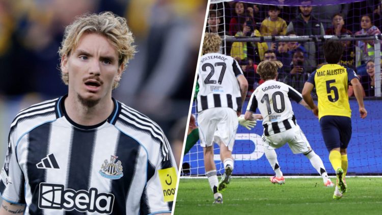 Nick Woltemade playing in the Champions League for Newcastle United, Anthony Gordon scores a penalty against Union Saint-Gilloise.