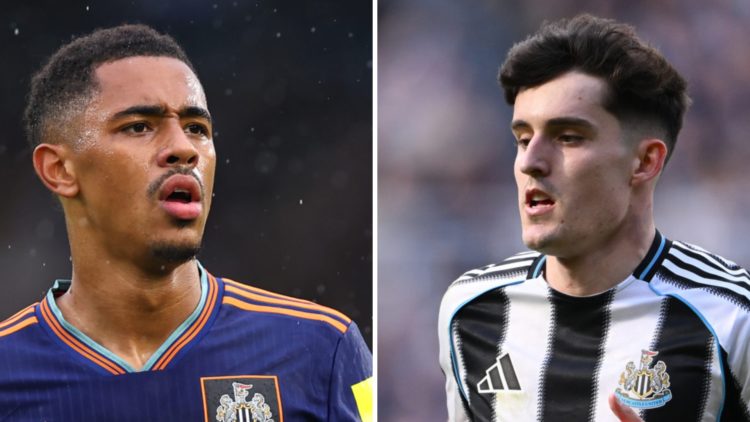 Split image: Close up of Jacob Ramsey playing for Newcastle United (L). Tino Livramento playing for Newcastle (R).
