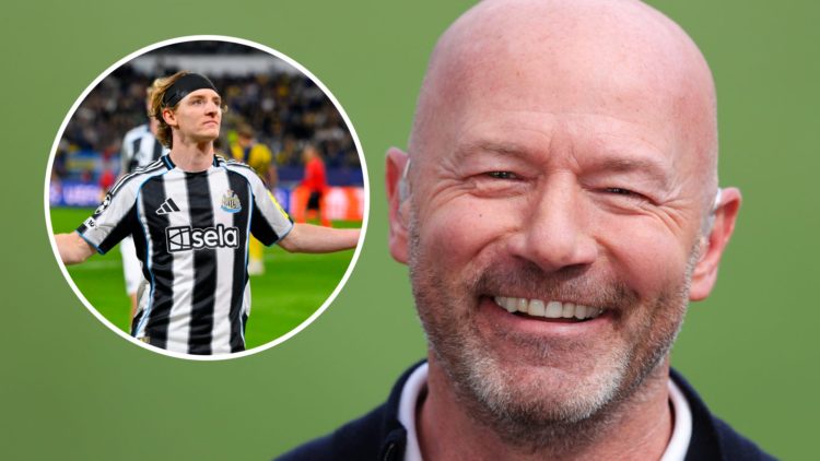 Close up image of Alan Shearer smiling. Inset: Anthony Gordon holds his arms out wide.