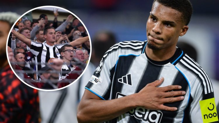 Malick Thiaw holds his hand over his heart. Inset: Newcastle fans chanting in Brussels.
