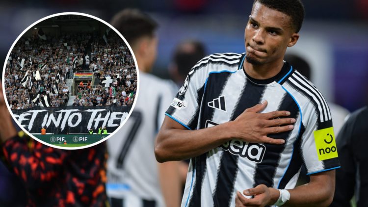 Malick Thiaw after a Newcastle United fans. Newcastle United fans hold up a banner.