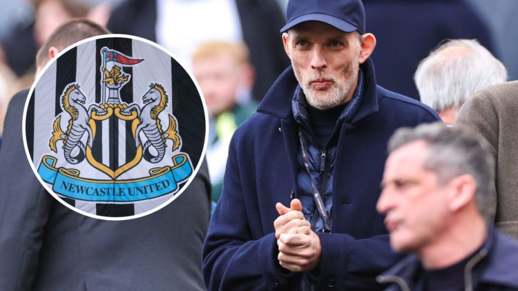 Thomas Tuchel is pictured at St James' Park. Inset, Newcastle United club crest.
