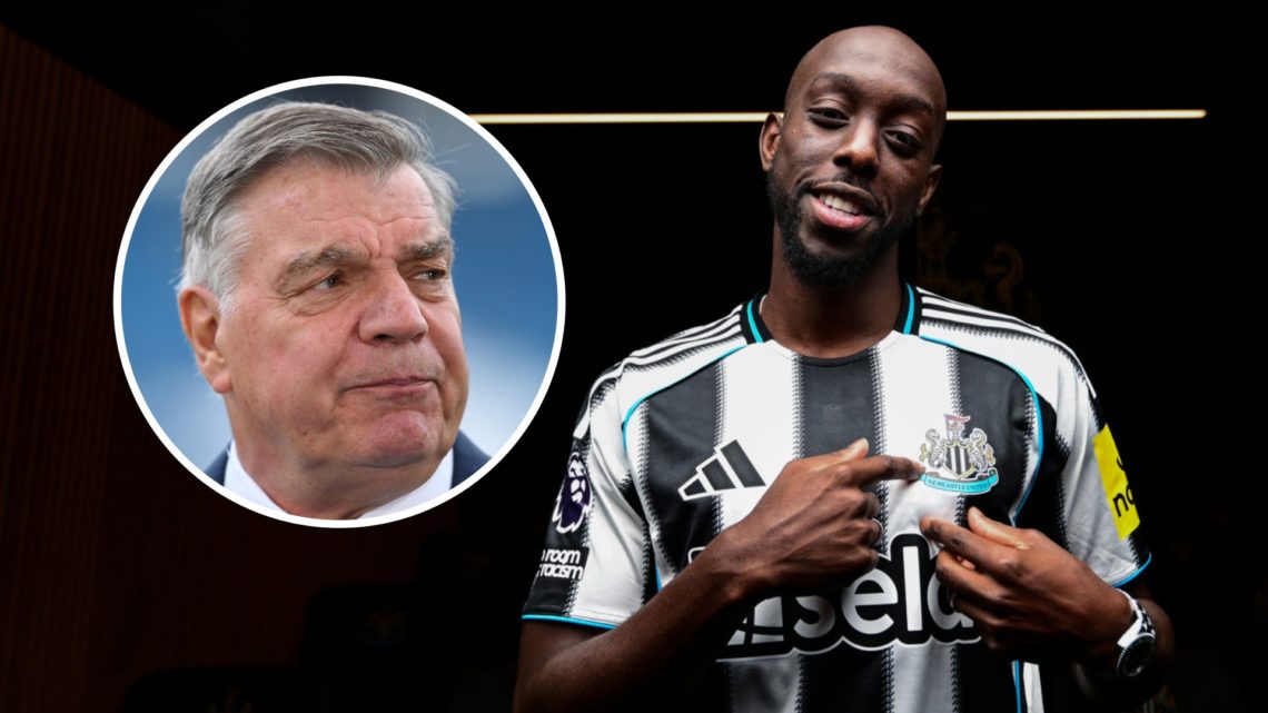 Yoane Wissa points to the Newcastle United crest on his shirt. Inset: Close-up of Sam Allardyce.