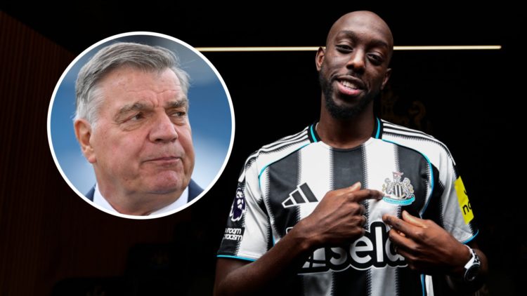 Yoane Wissa points to the Newcastle United crest on his shirt. Inset: Close-up of Sam Allardyce.