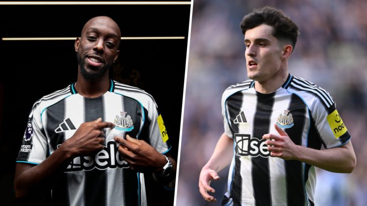 Yoane Wissa poses in a Newcastle United shirt. Tino Livramento playing for Newcastle United.
