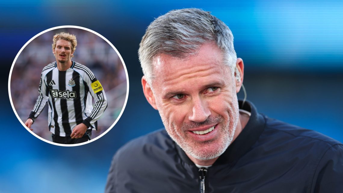 Inset, Nick Woltemade playing for Newcastle United. Jamie Carragher smiles while working as a football pundit for Sky Sports.