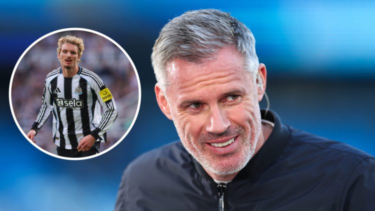 Inset, Nick Woltemade playing for Newcastle United. Jamie Carragher smiles while working as a football pundit for Sky Sports.