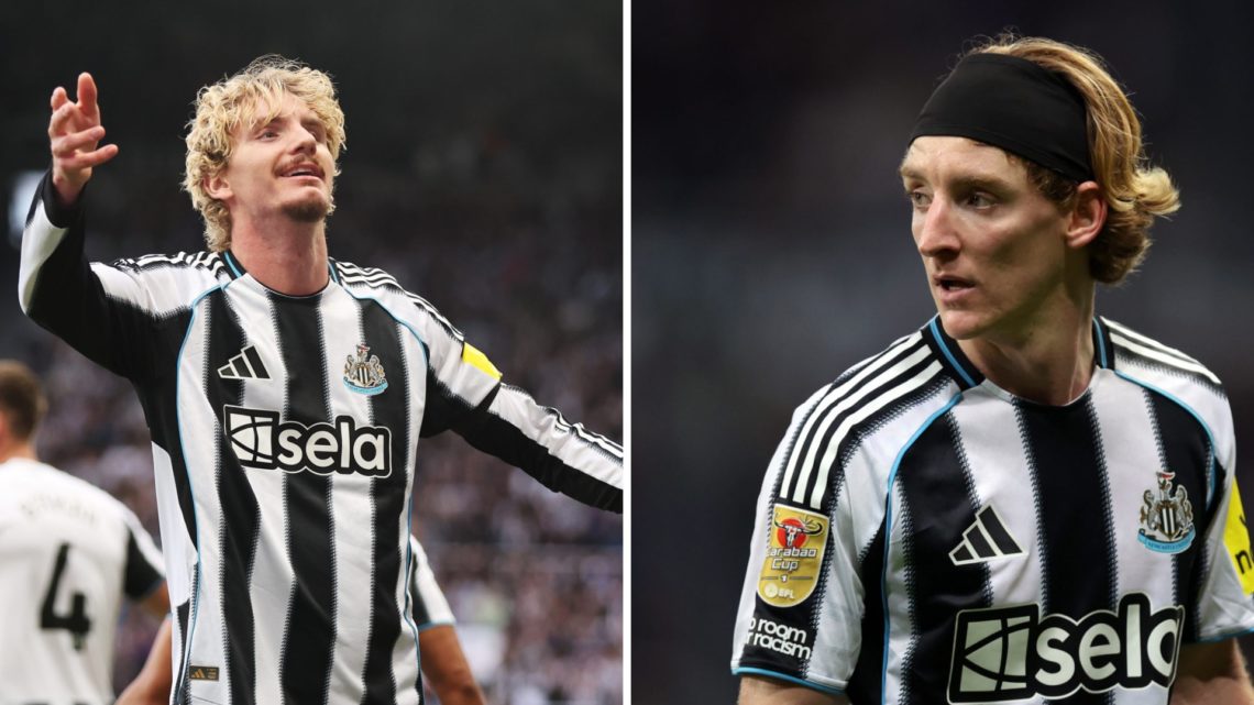 Nick Woltemade celebrates scoring for Newcastle United. Anthony Gordon playing for Newcastle United.