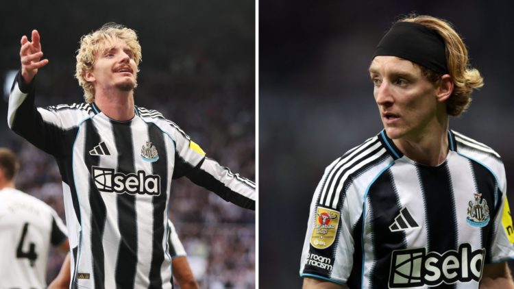 Nick Woltemade celebrates scoring for Newcastle United. Anthony Gordon playing for Newcastle United.