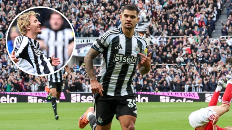 Inset, Nick Woltemade celebrates scoring for Newcastle United. Bruno Guimaraes celebrates his goal against Nottingham Forest.