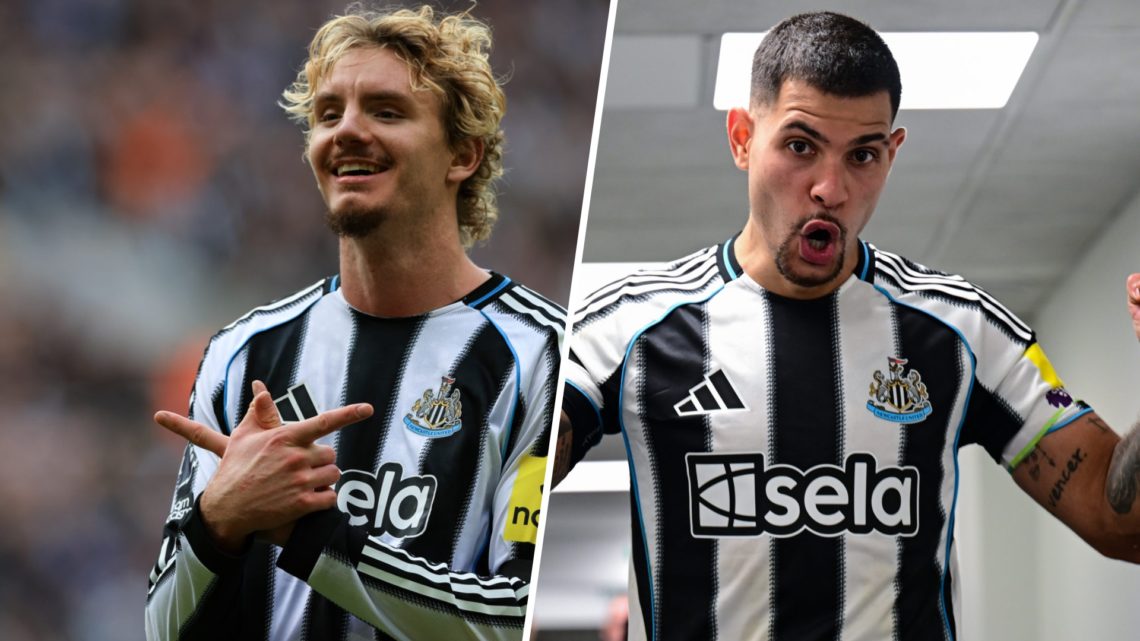 Nick Woltemade celebrating after scoring for Newcastle United. Bruno Guimaraes celebrates after Newcastle United beat Nottingham Forest.