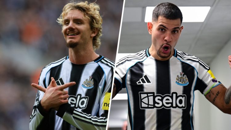 Nick Woltemade celebrating after scoring for Newcastle United. Bruno Guimaraes celebrates after Newcastle United beat Nottingham Forest.
