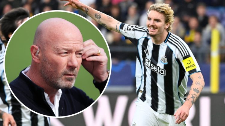 Nick Woltemade celebrates scoring for Newcastle United vs Union SG. Inset: Alan Shearer holds his hand to his ear.