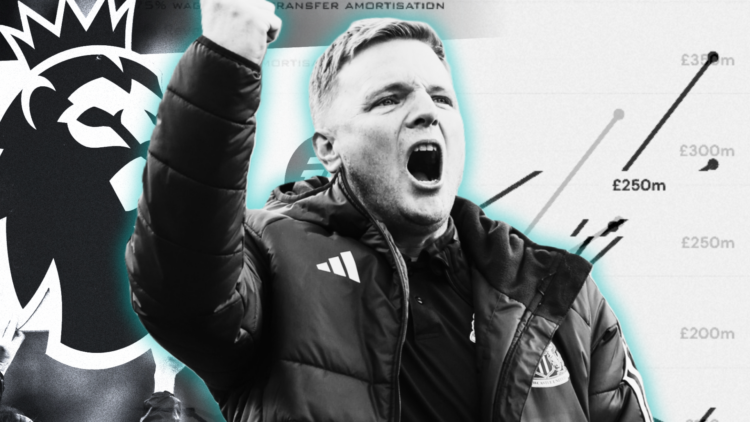 Eddie Howe cover art with abstract Premier League, financial and Newcastle United imagery