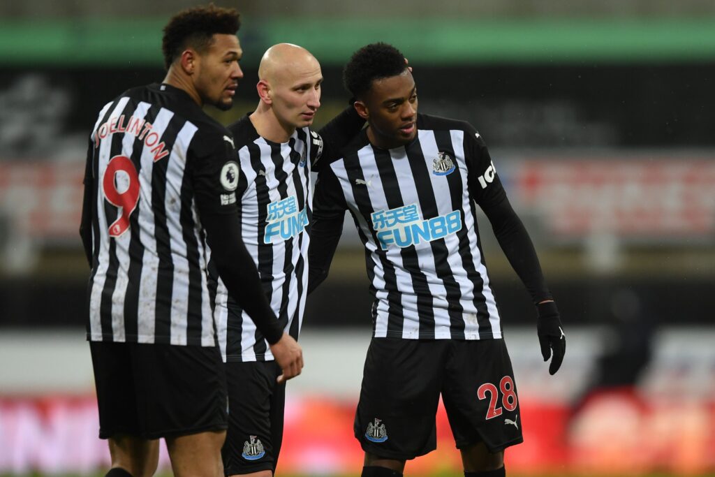 Joelinton, Jonjo Shelvey and Joe Willock in action for Newcastle United against Southampton.