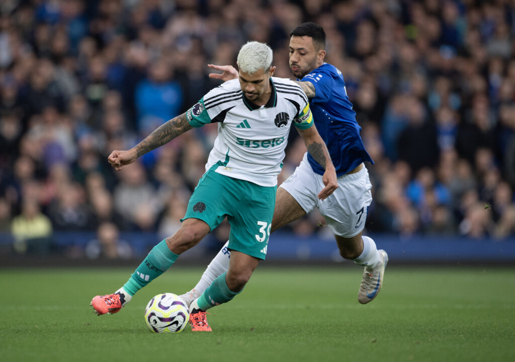 Bruno Guimaraes protects the ball from Dwight McNeil during Everton vs Newcastle United.