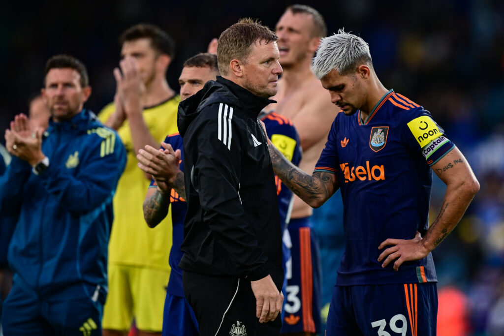 Eddie Howe and Bruno Guimaraes react after Newcastle United's draw with Leeds at Elland Road.