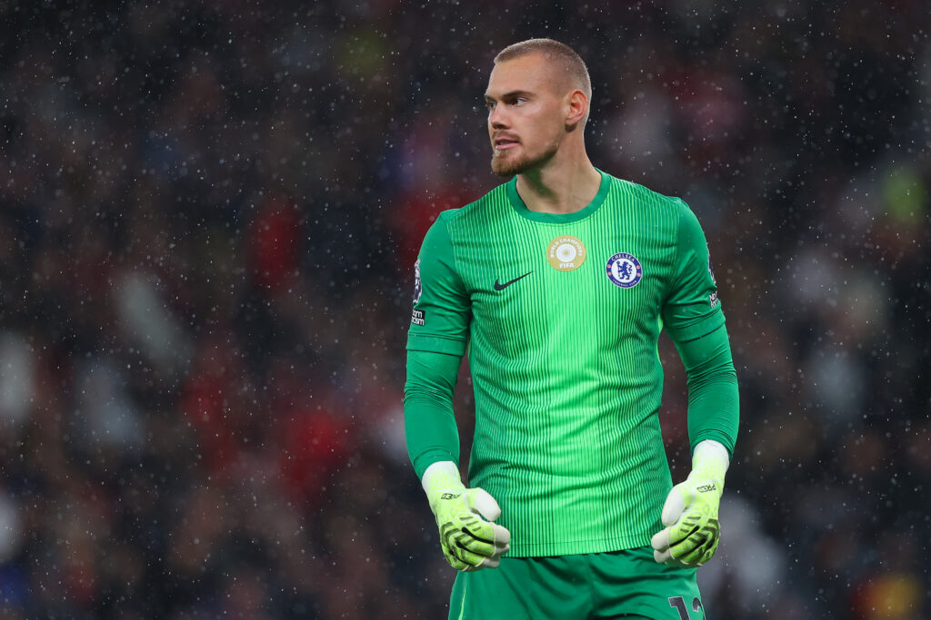 Chelsea's Filip Jorgensen in action against Manchester United.