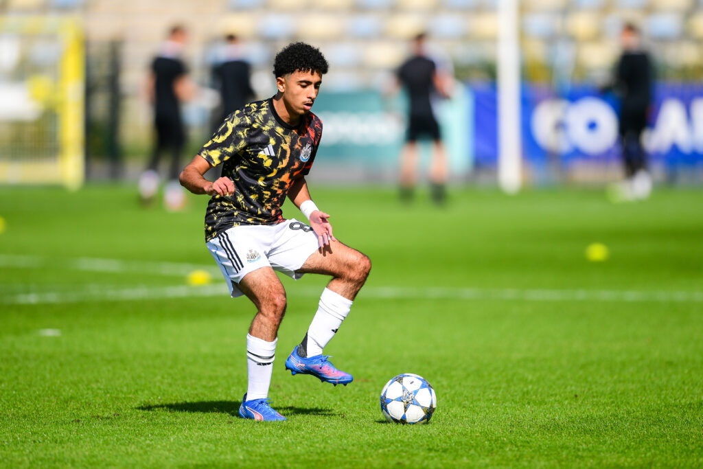 Mohamed Waddani warms up before Newcastle United play in the UEFA Youth League.
