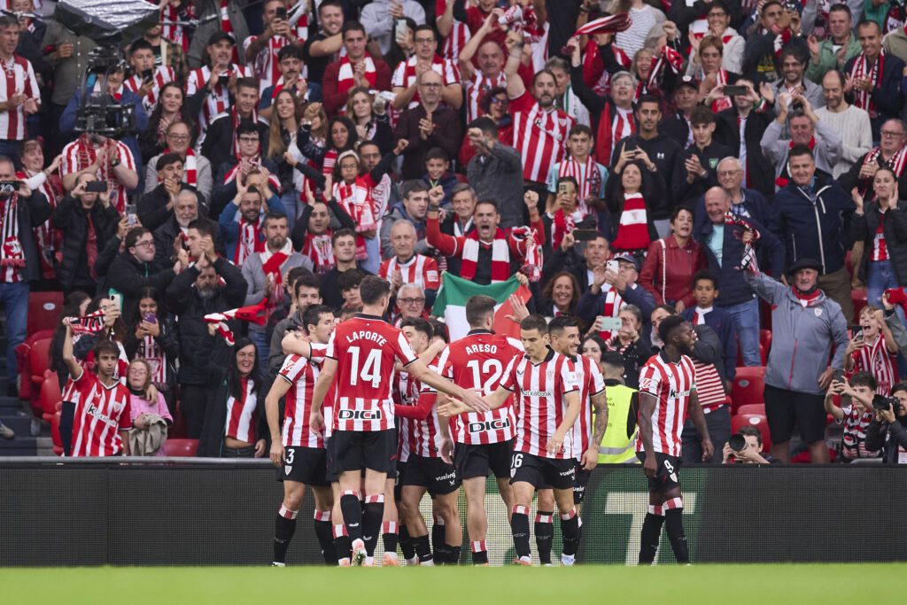 Athletic players celebrate scoring against Mallorca.