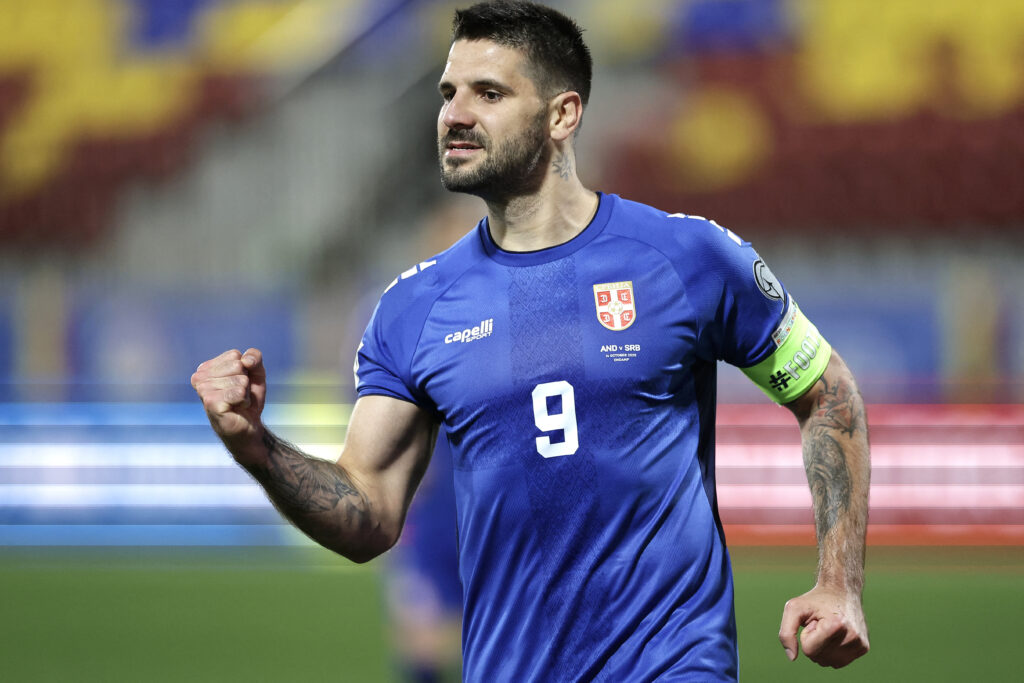 Aleksandar Mitrovic celebrates scoring for Serbia in a World Cup qualifier against Andorra.