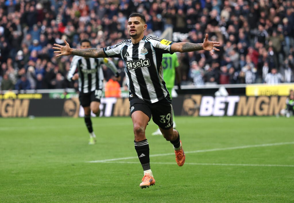 Bruno Guimaraes celebrates scoring Newcastle United's winner against Fulham.