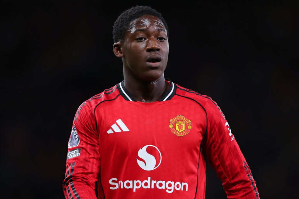 Kobbie Mainoo in action for Manchester United against Brighton in the Premier League.