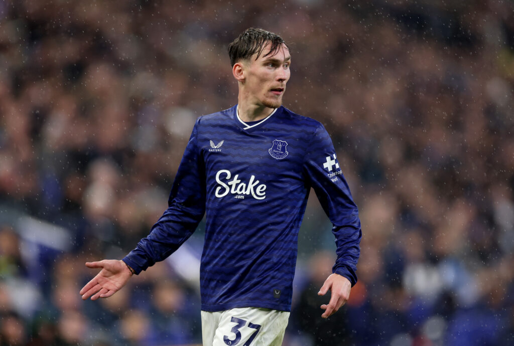 Everton midfielder James Garner during a Premier League match against Tottenham.