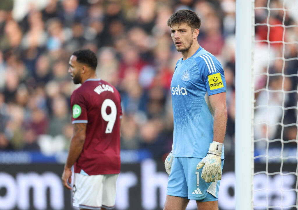 Nick Pope playing for Newcastle United against West Ham.