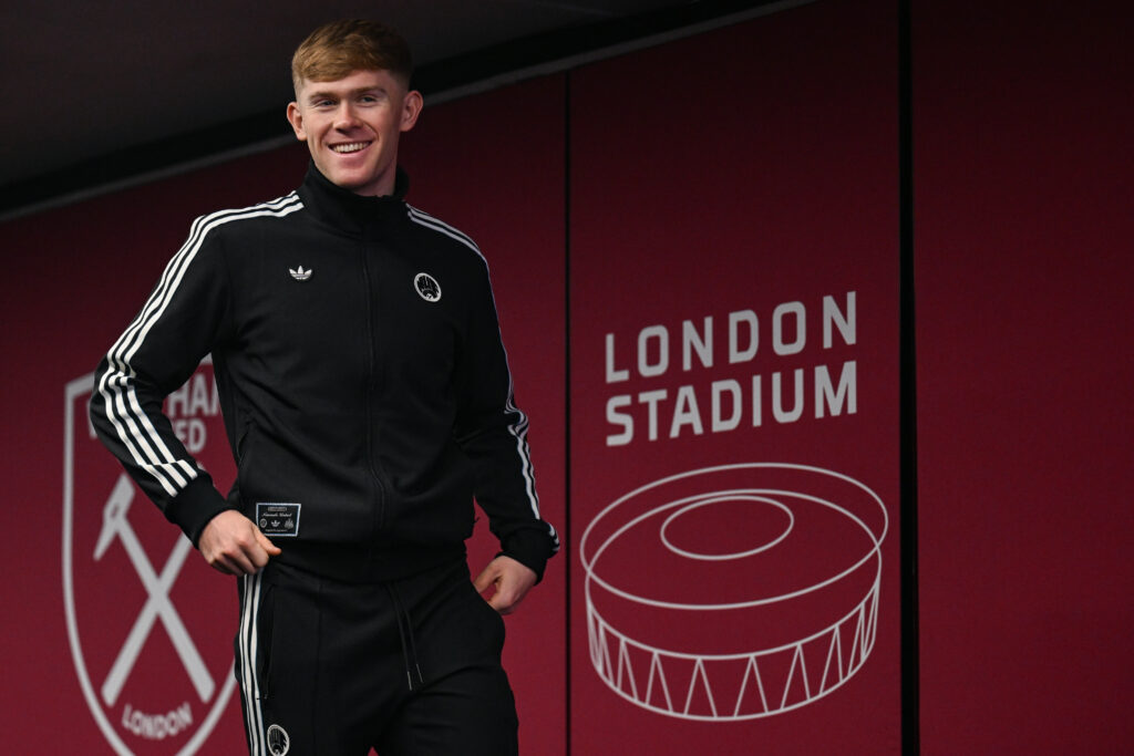 Lewis Hall arrives at the London Stadium for West Ham vs Newcastle United.