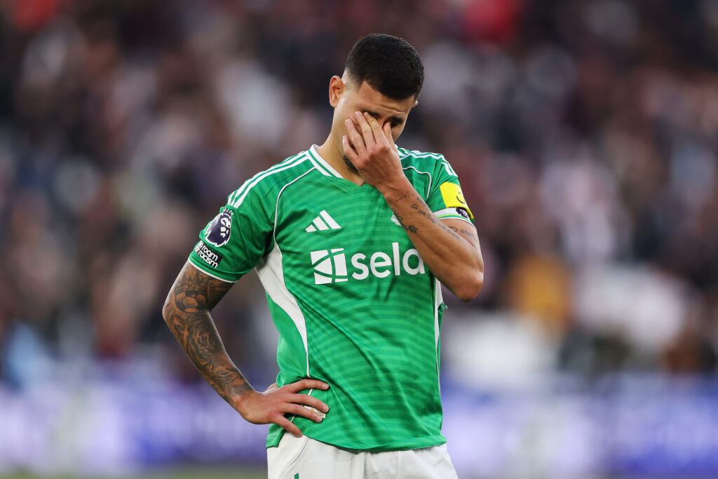 Bruno Guimaraes looks dejected as Newcastle United lose to West Ham.