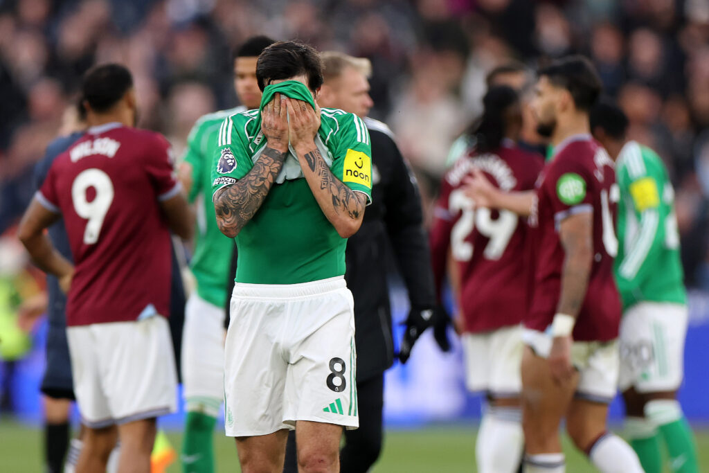 Sandro Tonali is dejected after Newcastle United's defeat to West Ham at the London Stadium.