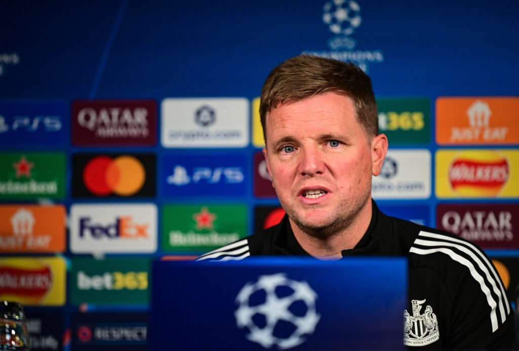 Newcastle United manager Eddie Howe speaks to the media.