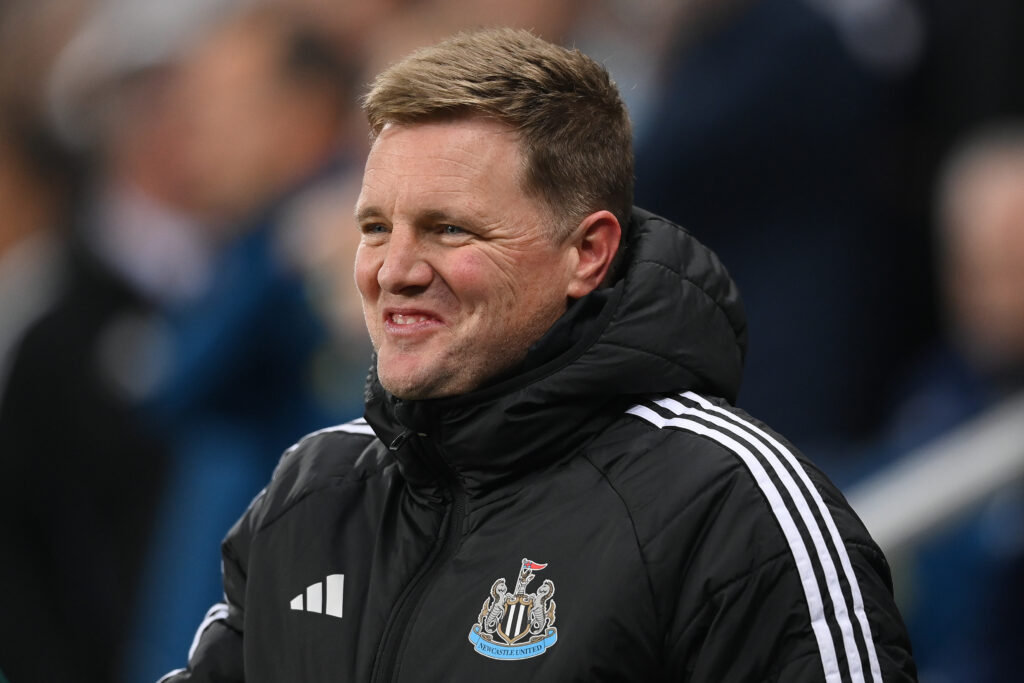 Eddie Howe smiles before Newcastle United's Champions League game against Athletic Bilbao.