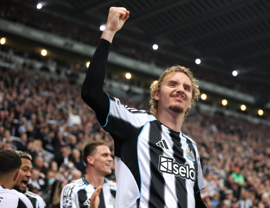 Nick Woltemade celebrates Newcastle United's second goal against Athletic Club.