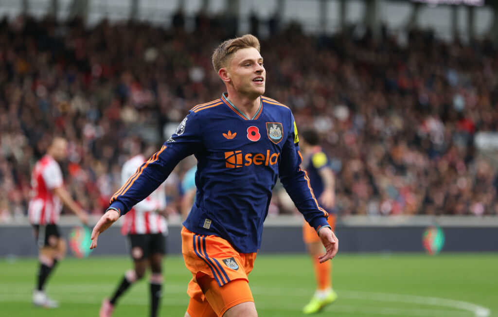 Harvey Barnes celebrates scoring for Newcastle United against Brentford.