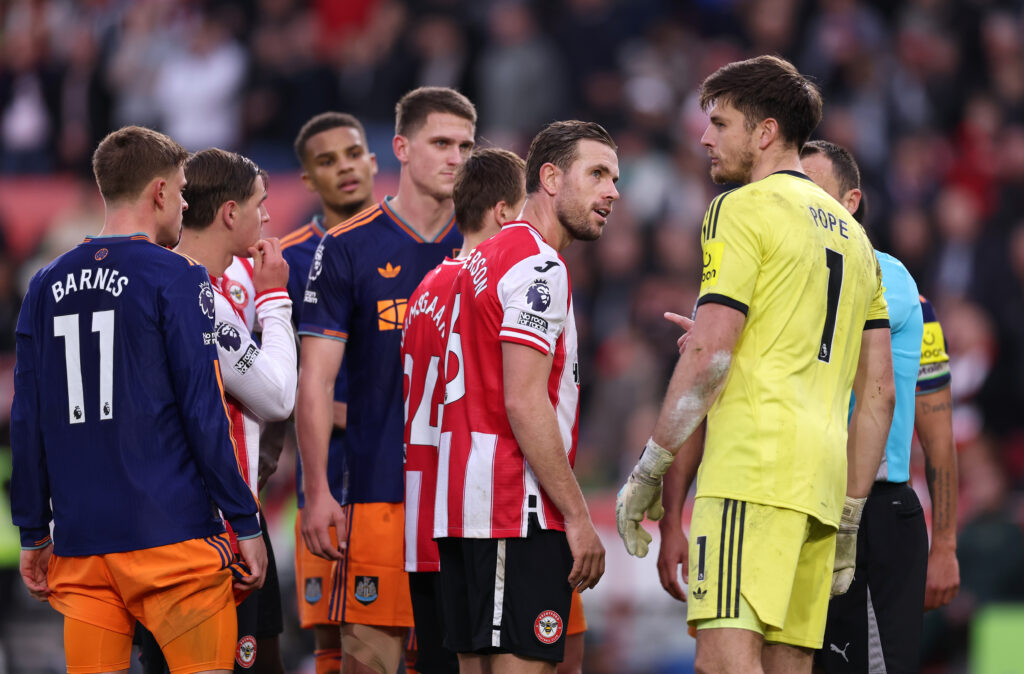 Nick Pope in action for Newcastle United against Brentford.