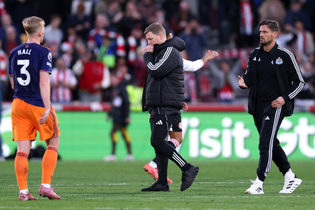 Eddie Howe looks dejected after Newcastle United's loss to Brentford.