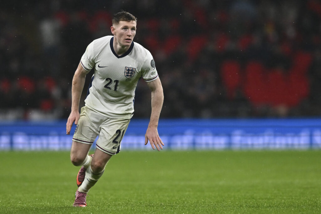 Elliot Anderson playing for England against Serbia in a 2026 World Cup qualifier at Wembley.