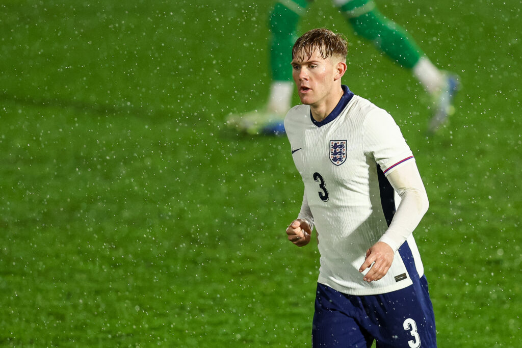 Lewis Hall in action for England Under-21s.