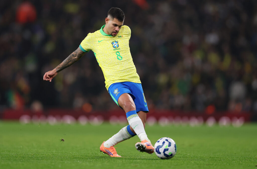 Bruno Guimaraes controls the ball while during Brazil's international friendly with Senegal.